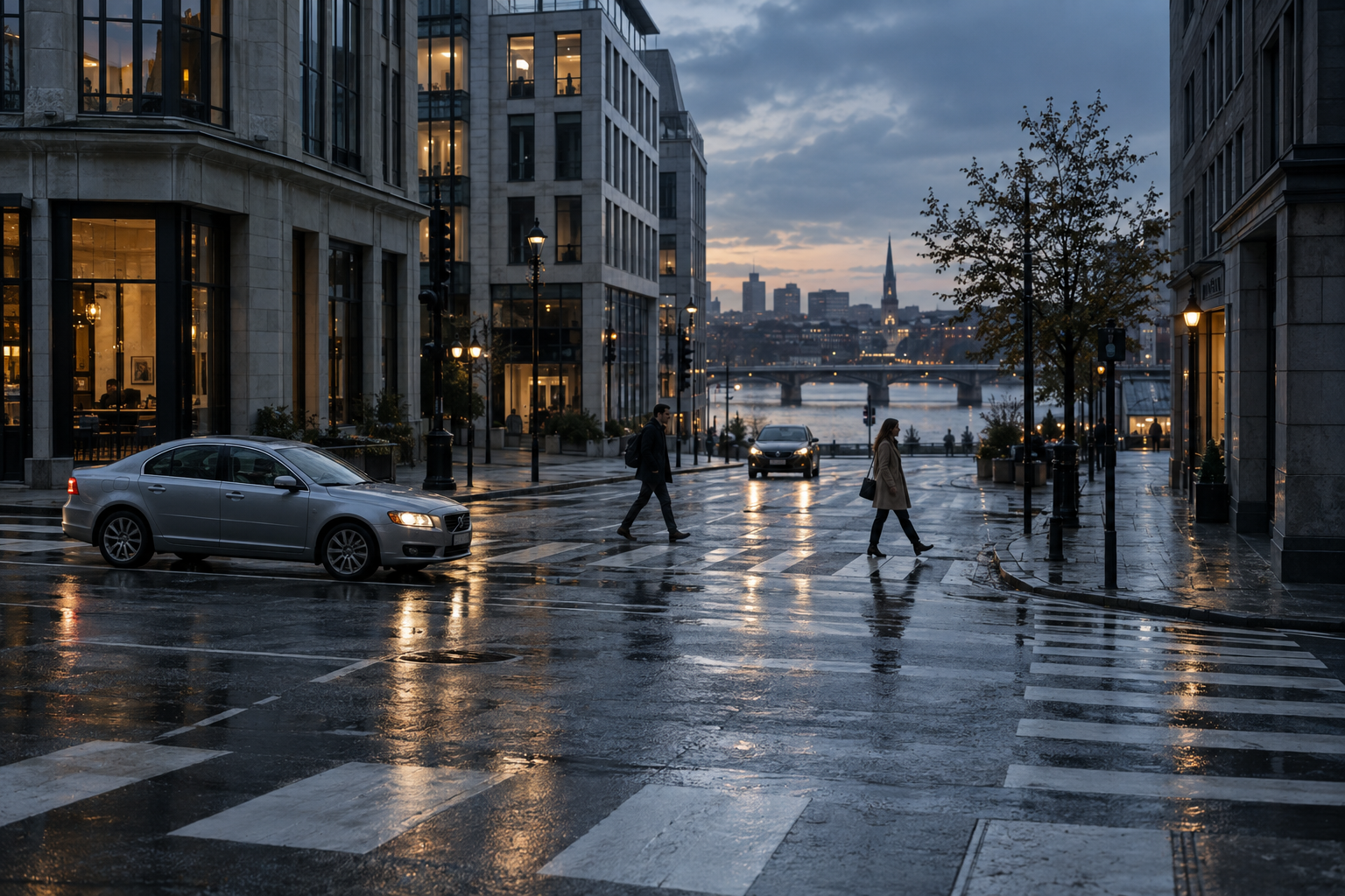 雨后城市街道中的汽车与行人，叠加手工绘制的目标检测示意框